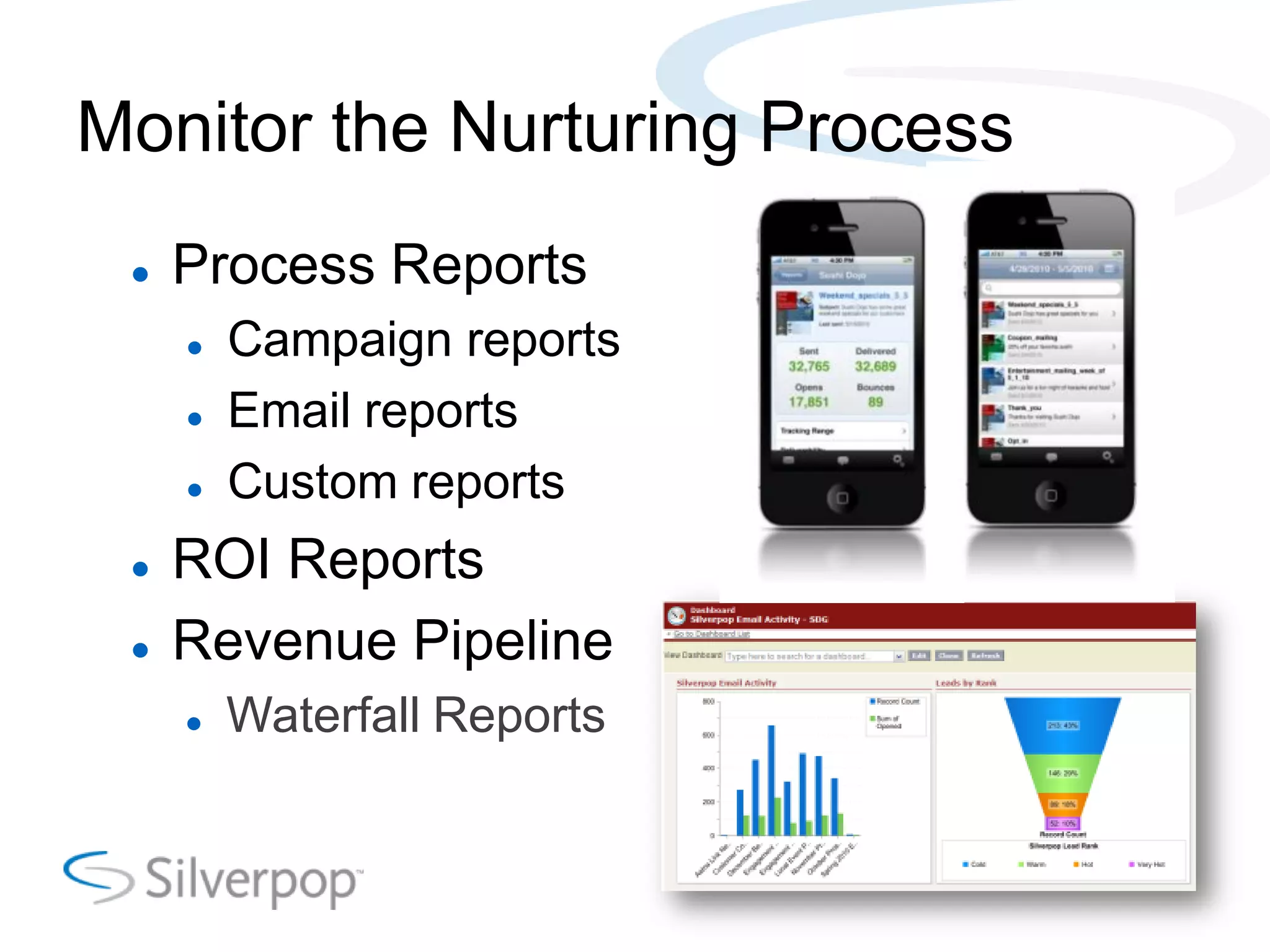 Monitor the Nurturing Process
Process Reports
Campaign reports
Email reports
Custom reports
ROI Reports
Revenue Pipeline
Waterfall Reports