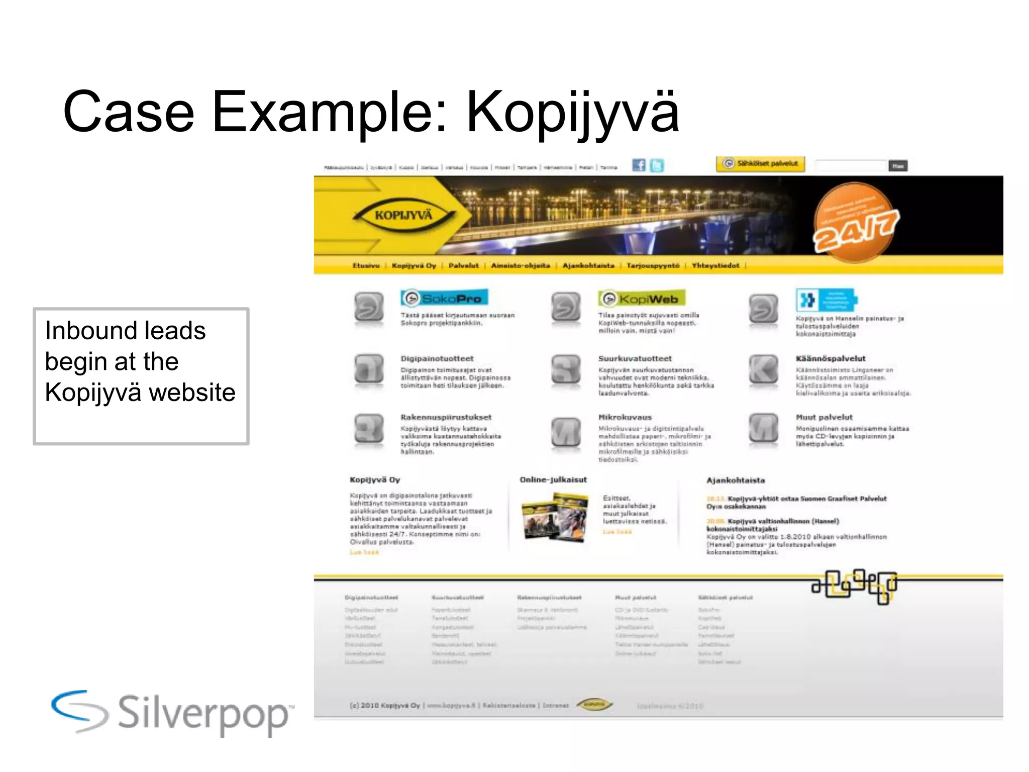 Case Example: Kopijyvä
Inbound leads
begin at the
Kopijyvä website