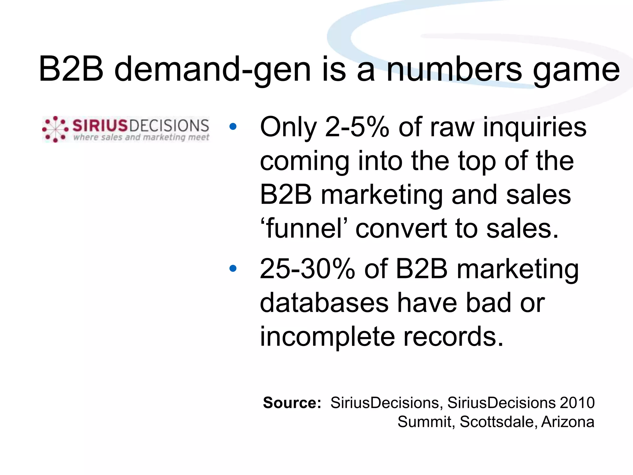 B2B demand-gen is a numbers game
• Only 2-5% of raw inquiries
coming into the top of the
B2B marketing and sales
‗funnel‘ convert to sales.
• 25-30% of B2B marketing
databases have bad or
incomplete records.
Source: SiriusDecisions, SiriusDecisions 2010
Summit, Scottsdale, Arizona
