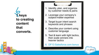 1.  Identify, plan, and organize
by customer needs & pains

5 keys
to creating
content
that
converts.

2.  Leverage your c...