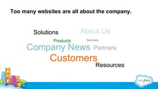 Too many websites are all about the company.

Solutions
Products

About Us
Services

Company News

Partners

Customers

Re...