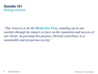 Deloitte 101
Strategy overview




“Our vision is to be the Distinctive Firm, standing out in our
markets through the impact we have on the reputation and success of
our clients. In pursuing this purpose, Deloitte contributes to a
sustainable and prosperous society.”




5   Start with the client                           ©2012 Deloitte LLP. All rights reserved.
 