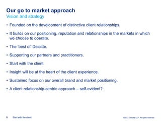 Our go to market approach
Vision and strategy
• Founded on the development of distinctive client relationships.

• It builds on our positioning, reputation and relationships in the markets in which
  we choose to operate.

• The „best of‟ Deloitte.

• Supporting our partners and practitioners.

• Start with the client.

• Insight will be at the heart of the client experience.

• Sustained focus on our overall brand and market positioning.

• A client relationship-centric approach – self-evident?




9   Start with the client                                           ©2012 Deloitte LLP. All rights reserved.
 