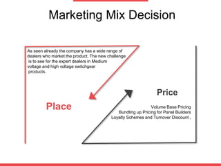 Place
Price
Volume Base Pricing
Bundling up Pricing for Panel Builders
Loyalty Schemes and Turnover Discount ,
Marketing Mix Decision
As seen already the company has a wide range of
dealers who market the product. The new challenge
is to see for the expert dealers in Medium
voltage and high voltage switchgear
products.
 