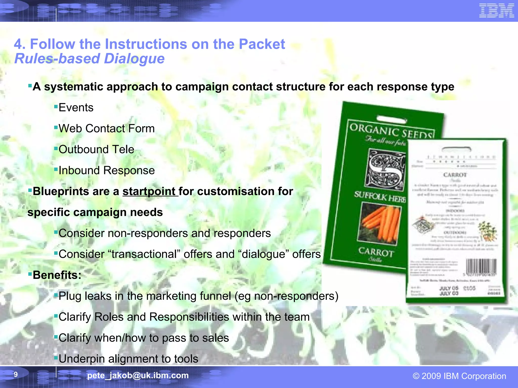 4. Follow the Instructions on the Packet Rules-based Dialogue A systematic approach to campaign contact structure for each response type Events Web Contact Form Outbound Tele Inbound Response Blueprints are a  startpoint  for customisation for  specific campaign needs Consider non-responders and responders Consider “transactional” offers and “dialogue” offers Benefits: Plug leaks in the marketing funnel (eg non-responders) Clarify Roles and Responsibilities within the team Clarify when/how to pass to sales Underpin alignment to tools 