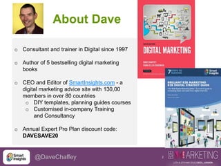 2@DaveChaffey
About Dave
o Consultant and trainer in Digital since 1997
o Author of 5 bestselling digital marketing
books
o CEO and Editor of SmartInsights.com - a
digital marketing advice site with 130,00
members in over 80 countries
o DIY templates, planning guides courses
o Customised in-company Training
and Consultancy
o Annual Expert Pro Plan discount code:
DAVESAVE20
 