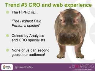 23@DaveChaffey
 The HiPPO is…
“The Highest Paid
Person’s opinion”
 Coined by Analytics
and CRO specialists
 None of us can second
guess our audience!
Trend #3 CRO and web experience
 