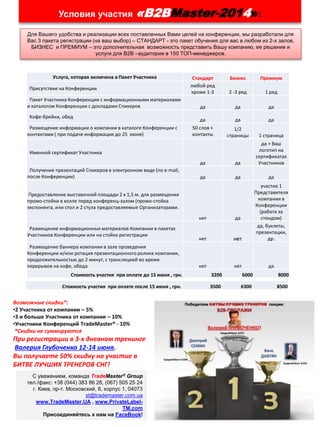 Условия участия «В2ВMaster-2014»:
Для Вашего удобства и реализации всех поставленных Вами целей на конференции, мы разработали для
Ваc 3 пакета регистрации (на ваш выбор) – СТАНДАРТ - это пакет обучения для вас в любом из 2-х залов,
БИЗНЕС и ПРЕМИУМ – это дополнительная возможность представить Вашу компанию, ее решения и
услуги для В2В –аудитории в 150 ТОП-менеджеров.
Услуга, которая включена в Пакет Участника Стандарт Бизнес Премиум
Присутствие на Конференции
любой ряд
кроме 1-3 2 -3 ряд 1 ряд
Пакет Участника Конференции с информационными материалами
и каталогом Конференции с докладами Спикеров да да да
Кофе-брейки, обед
да да да
Размещение информации о компании в каталоге Конференции с
контактами ( при подаче информации до 25 июня)
50 слов +
контакты
1/2
страницы 1 страница
Именной сертификат Участника
да да
да + Ваш
логотип на
сертификатах
Участников
Получение презентаций Спикеров в электронном виде (по e-mail,
после Конференции) да да да
Предоставление выставочной площади 2 х 1,5 м. для размещения
промо-стойки в холле перед конференц-залом (промо-стойка
экспонента, или стол и 2 стула предоставляемые Организаторами.
нет да
участие 1
Представителя
компании в
Конференции
(работа за
стендом)
Размещение информационных материалов Компании в пакетах
Участников Конференции или на стойке регистрации
нет нет
да, буклеты,
презентации,
др.
Размещение баннера компании в зале проведения
Конференции и/или ротация презентационного ролика компании,
продолжительностью до 2 минут, с трансляцией во время
перерывов на кофе, обеда нет нет да
Стоимость участия при оплате до 15 июня , грн. 3200 6000 8000
Стоимость участия при оплате после 15 июня , грн. 3500 6300 8500
Возможные скидки*:
•2 Участника от компании – 5%
•3 и больше Участника от компании – 10%
•Участники Конференций TradeMaster® - 10%
*Скидки не суммируются
При регистрации в 3-х дневном тренинге
Валерия Глубоченко 12-14 июня,
Вы получаете 50% скидку на участие в
БИТВЕ ЛУЧШИХ ТРЕНЕРОВ СНГ!
С уважением, команда TradeMaster® Group
тел./факс: +38 (044) 383 86 28, (067) 505 25 24
г. Киев, пр-т. Московский, 8, корпус 1, 04073
st@trademaster.com.ua
www.TradeMaster.UA , www.PrivateLabel-
TM.com
Присоединяйтесь к нам на FaceBook!
 
