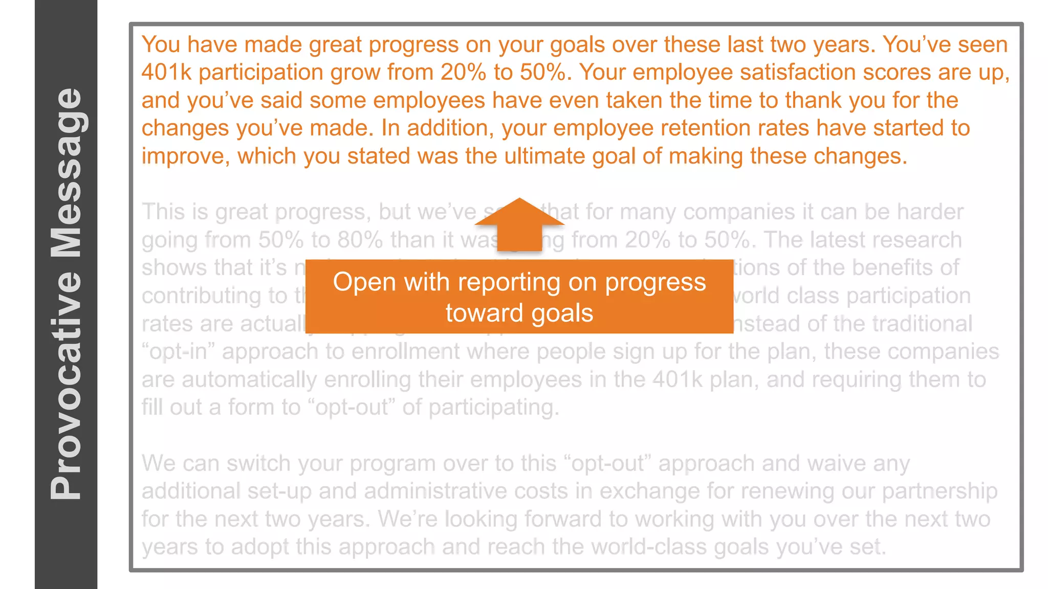 You have made great progress on your goals over these last two years. You’ve seen
401k participation grow from 20% to 50%. Your employee satisfaction scores are up,
and you’ve said some employees have even taken the time to thank you for the
changes you’ve made. In addition, your employee retention rates have started to
improve, which you stated was the ultimate goal of making these changes.
This is great progress, but we’ve seen that for many companies it can be harder
going from 50% to 80% than it was going from 20% to 50%. The latest research
shows that it’s no longer just about improving communications of the benefits of
contributing to the 401k. In fact, companies that achieve world class participation
rates are actually “flipping” their approach to enrollment. Instead of the traditional
“opt-in” approach to enrollment where people sign up for the plan, these companies
are automatically enrolling their employees in the 401k plan, and requiring them to
fill out a form to “opt-out” of participating.
We can switch your program over to this “opt-out” approach and waive any
additional set-up and administrative costs in exchange for renewing our partnership
for the next two years. We’re looking forward to working with you over the next two
years to adopt this approach and reach the world-class goals you’ve set.
Open with reporting on progress
toward goals
ProvocativeMessage
 