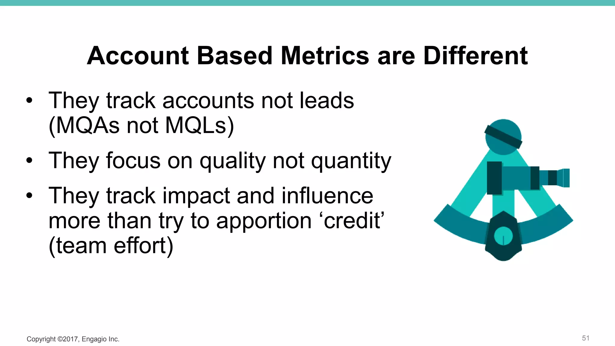 Copyright ©2017, Engagio Inc.
Account Based Metrics are Different
• They track accounts not leads
(MQAs not MQLs)
• They focus on quality not quantity
• They track impact and influence
more than try to apportion ‘credit’
(team effort)
51
 