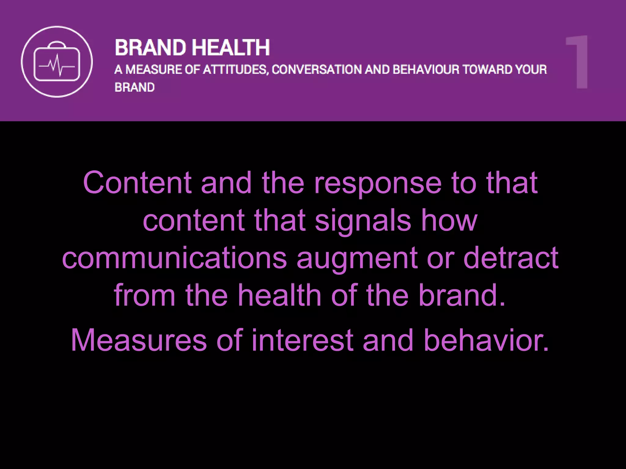 Content and the response to that
content that signals how
communications augment or detract
from the health of the brand.
Measures of interest and behavior.
 