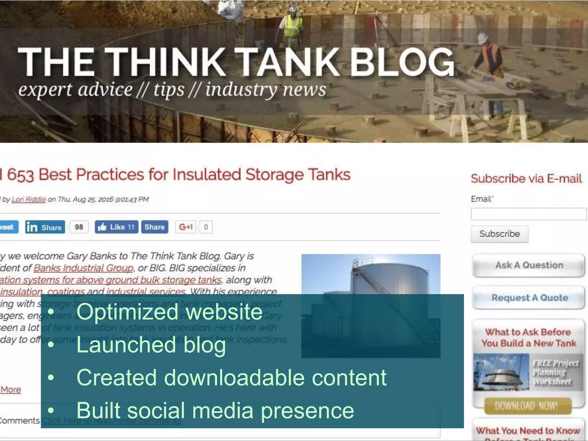 • Optimized website
• Launched blog
• Created downloadable content
• Built social media presence
 