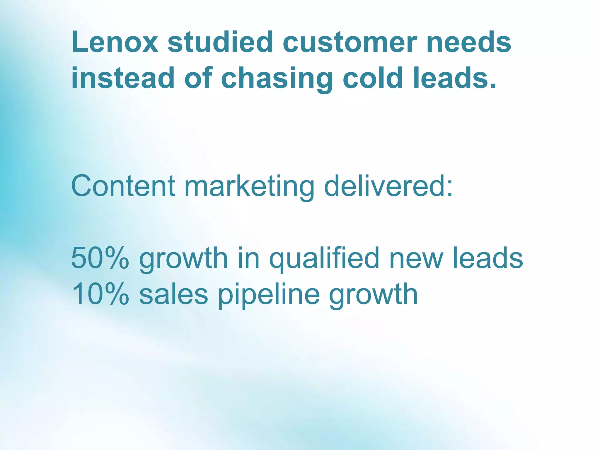 Lenox studied customer needs
instead of chasing cold leads.
Content marketing delivered:
50% growth in qualified new leads
10% sales pipeline growth
 