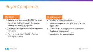 #B2BMX
Buyer Complexity
Key Issues
• Balance of power has shifted to the buyer
• Buyers are further through the buying
process before engaging sales
• Customers are demanding more expertise
from sales
• There are more vehicles to influence
existing customers
Our Approach
• Gather all messaging inputs
• Align messages to the right person at the
right time
• Activate the message: Drive incremental
leads and engage early
• Accelerate the sales process
 