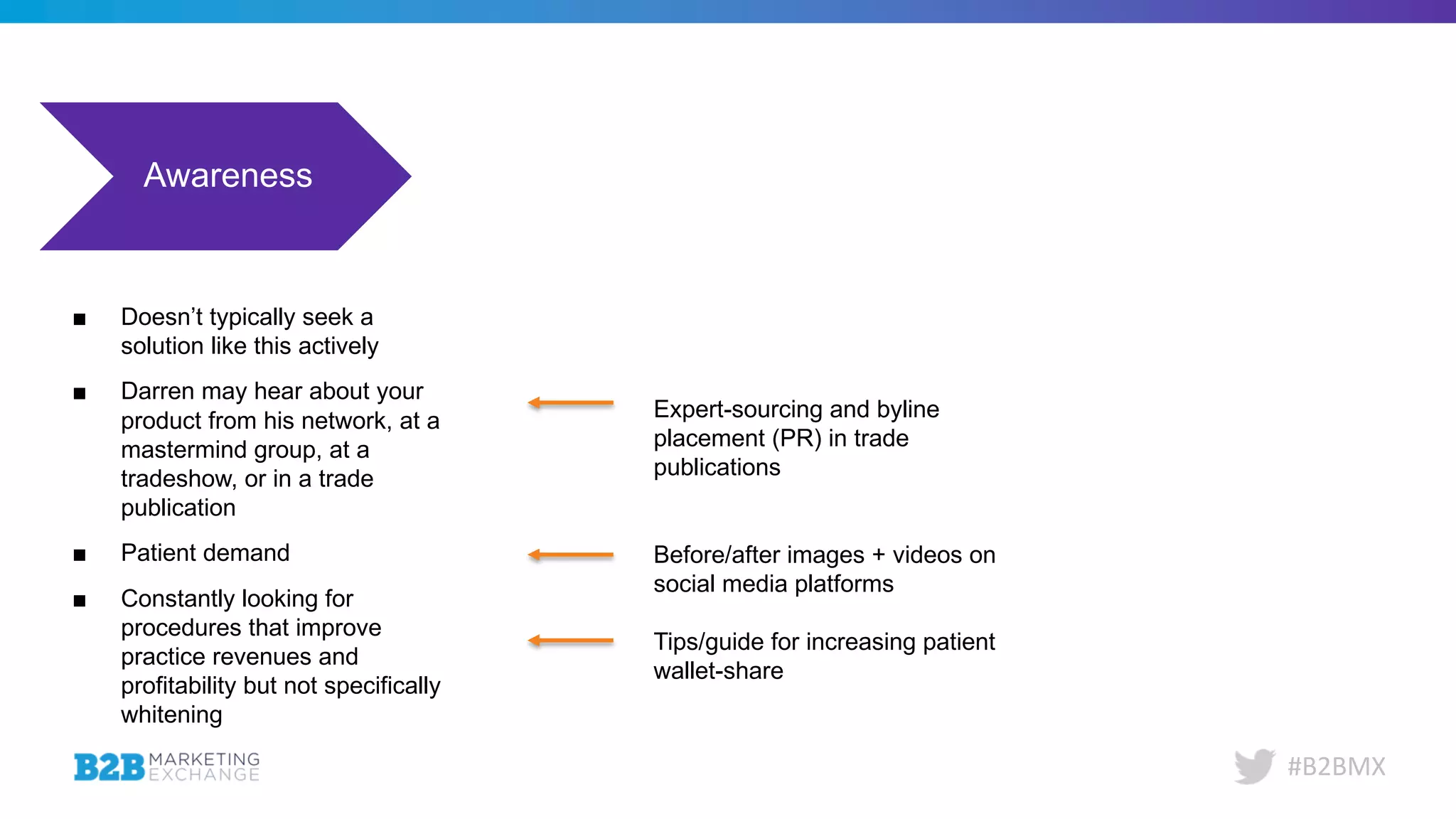 #B2BMX
Awareness Consideration Decision Evangelism
■ Doesn’t typically seek a
solution like this actively
■ Darren may hear about your
product from his network, at a
mastermind group, at a
tradeshow, or in a trade
publication
■ Patient demand
■ Constantly looking for
procedures that improve
practice revenues and
profitability but not specifically
whitening
Expert-sourcing and byline
placement (PR) in trade
publications
Before/after images + videos on
social media platforms
Tips/guide for increasing patient
wallet-share
 
