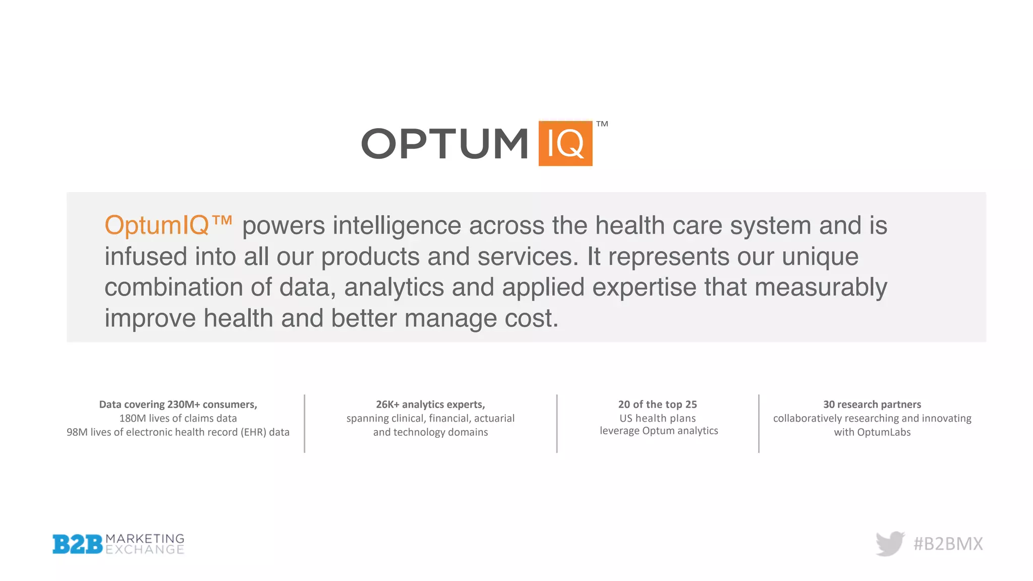 #B2BMX
OptumIQ™ powers intelligence across the health care system and is
infused into all our products and services. It represents our unique
combination of data, analytics and applied expertise that measurably
improve health and better manage cost.
Data covering 230M+ consumers,
180M lives of claims data
98M lives of electronic health record (EHR) data
26K+ analytics experts,
spanning clinical, financial, actuarial
and technology domains
20 of the top 25
US health plans
leverage Optum analytics
30 research partners
collaboratively researching and innovating
with OptumLabs
 