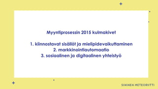 Myyntiprosessin 2015 kulmakivet
1. kiinnostavat sisällöt ja mielipidevaikuttaminen
2. markkinointiautomaatio
3. sosiaalinen ja digitaalinen yhteistyö
 