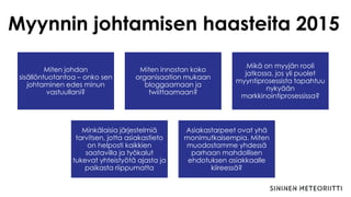 Myynnin johtamisen haasteita 2015
Miten johdan
sisällöntuotantoa – onko sen
johtaminen edes minun
vastuullani?
Miten innostan koko
organisaation mukaan
bloggaamaan ja
twiittaamaan?
Mikä on myyjän rooli
jatkossa, jos yli puolet
myyntiprosessista tapahtuu
nykyään
markkinointiprosessissa?
Minkälaisia järjestelmiä
tarvitsen, jotta asiakastieto
on helposti kaikkien
saatavilla ja työkalut
tukevat yhteistyötä ajasta ja
paikasta riippumatta
Asiakastarpeet ovat yhä
monimutkaisempia. Miten
muodostamme yhdessä
parhaan mahdollisen
ehdotuksen asiakkaalle
kiireessä?
 