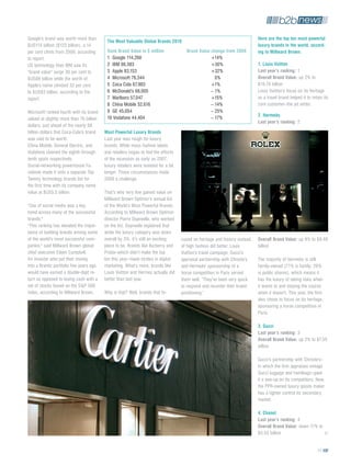 Google's brand was worth more than                                                                                           here are the top ten most powerful
                                           the Most valuable global brands 2010
$US114 billion ($123 billion), a 14                                                                                          luxury brands in the world, accord-
per cent climb from 2009, according        Rank brand value in $ million               brand value change from 2009          ing to Millward brown:
to report.                                 1 Google 114,260                                        +14%
US technology titan IBM saw its            2 IBM 86,383                                            +30%                      1. Louis vuitton
"brand value'' surge 30 per cent to        3 Apple 83,153                                          +32%                      Last year’s ranking: 1
$US86 billion while the worth of           4 Microsoft 76,344                                        0%                      overall brand value: up 2% to
Apple's name climbed 32 per cent           5 Coca Cola 67,983                                      +1%                       $19.78 billion
to $US83 billion, according to the         6 McDonald’s 66,005                                     – 1%                      Louis Vuitton’s focus on its heritage
report.                                    7 Marlboro 57,047                                       +15%                      as a travel brand helped it to retain its
                                           8 China Mobile 52,616                                   – 14%                     core customer–the jet setter.
Microsoft ranked fourth with its brand     9 GE 45,054                                             – 25%
                                           10 Vodafone 44,404                                      – 17%                     2. hermeès
valued at slightly more than 76 billion
                                                                                                                             Last year’s ranking: 2
dollars, just ahead of the nearly 68
billion dollars that Coca-Cola's brand    Most powerful Luxury brands
was said to be worth.                     Last year was rough for luxury
China Mobile, General Electric, and       brands. While mass fashion labels
Vodafone claimed the eighth through       and retailers began to feel the effects
tenth spots respectively.                 of the recession as early as 2007,
Social-networking powerhouse Fa-          luxury retailers were isolated for a bit
cebook made it onto a separate Top        longer. Those circumstances made
Twenty technology brands list for         2009 a challenge.
the first time with its company name
value at $US5.5 billion.                  That’s why very few gained value on
                                          Millward Brown Optimor’s annual list
"Use of social media was a key            of the World’s Most Powerful Brands.
trend across many of the successful       According to Millward Brown Optimor
brands.''                                 director Pierre Dupreelle, who worked
"This ranking has elevated the impor-     on the list. Dupreelle explained that
tance of building brands among some       while the luxury category was down
of the world's most successful com-       overall by 3%, it’s still an exciting      cused on heritage and history instead   overall brand value: up 8% to $8.46
panies,'' said Millward Brown global      place to be. Brands like Burberry and      of high fashion did better. Louis       billion
chief executive Eileen Campbell.          Prada–which didn’t make the top            Vuitton’s travel campaign, Gucci’s
An investor who put their money           ten this year–made strides in digital      appraisal partnership with Christie’s   The majority of Hermeès is still
into a Brandz portfolio five years ago    marketing. What’s more, brands like        and Hermeès’ sponsorship of a           family-owned (71% is family; 29%
would have earned a double-digit re-      Louis Vuitton and Hermes actually did      horse competition in Paris served       is public shares), which means it
turn as opposed to losing cash with a     better than last year.                     them well. “They’ve been very quick     has the luxury of taking risks when
set of stocks based on the S&P 500                                                   to respond and recenter their brand     it wants to and staying the course
index, according to Millward Brown.       Why is that? Well, brands that fo-         positioning.”                           when it doesn’t. This year, the firm
                                                                                                                             also chose to focus on its heritage,
                                                                                                                             sponsoring a horse competition in
                                                                                                                             Paris.

                                                                                                                             3. gucci
                                                                                                                             Last year’s ranking: 3
                                                                                                                             overall brand value: up 2% to $7.59
                                                                                                                             billion

                                                                                                                             Gucci’s partnership with Christie’s–
                                                                                                                             in which the firm appraises vintage
                                                                                                                             Gucci luggage and handbags–gave
                                                                                                                             it a one-up on its competitors. Now,
                                                                                                                             the PPR-owned luxury goods maker
                                                                                                                             has a tighter control its secondary
                                                                                                                             market.

                                                                                                                             4. Chanel
                                                                                                                             Last year’s ranking: 4
                                                                                                                             overall brand value: down 11% to
                                                                                                                             $5.55 billion


                                                                                                                                                               73
 