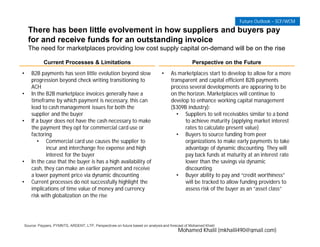 There has been little evolvement in how suppliers and buyers pay
for and receive funds for an outstanding invoice
The need for marketplaces providing low cost supply capital on-demand will be on the rise
Current Processes & Limitations Perspective on the Future
• B2B payments has seen little evolution beyond slow
progression beyond check writing transitioning to
ACH
• In the B2B marketplace invoices generally have a
timeframe by which payment is necessary, this can
lead to cash management issues for both the
supplier and the buyer
• If a buyer does not have the cash necessary to make
the payment they opt for commercial card use or
factoring
• Commercial card use causes the supplier to
incur and interchange fee expense and high
interest for the buyer
• In the case that the buyer is has a high availability of
cash, they can make an earlier payment and receive
a lower payment price via dynamic discounting
• Current processes do not successfully highlight the
implications of time value of money and currency
risk with globalization on the rise
• As marketplaces start to develop to allow for a more
transparent and capital efficient B2B payments
process several developments are appearing to be
on the horizon. Marketplaces will continue to
develop to enhance working capital management
($309B industry):
• Suppliers to sell receivables similar to a bond
to achieve maturity (applying market interest
rates to calculate present value)
• Buyers to source funding from peer
organizations to make early payments to take
advantage of dynamic discounting. They will
pay back funds at maturity at an interest rate
lower than the savings via dynamic
discounting.
• Buyer ability to pay and “credit worthiness”
will be tracked to allow funding providers to
assess risk of the buyer as an “asset class”
Source: Paypers, PYMNTS, ARDENT, LTP, Perspectives on future based on analysis and forecast of Mohamed Khalil
Future Outlook – SCF/WCM
Mohamed Khalil (mkhalil490@gmail.com)
 