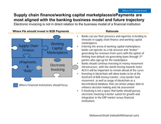 Supply chain finance/working capital marketplaces/ePayments are
most aligned with the banking business model and future trajectory
Electronic invoicing is not in direct relation to the business model of a financial institution
Supply Chain
Finance
ePayments
&
“Rails”
Working
Capital
Marketplaces
Electronic
Invoicing
Where FIs should invest in B2B Payments
Where Financial institutions should focus
Rationale
• Banks can use their presence and expertise in lending to
innovate in supply chain finance and working capital
marketplaces
• Entering the arena of working capital marketplaces
banks can operate as a risk assessor and “broker”
generating fee revenues from users with the option of
limiting loan default via generating loans through 3rd
parties who sign up for the marketplace
• Banks should continue investing in money movement
infrastructure, with the world moving towards faster
ACH it will be important to remain ahead of the curve
• Investing in blockchain will allow banks to be at the
forefront of B2B money transfer, cross border fund
movement, as well as usage of blockchain as a
decentralized database that can amass unique data to
enhance decision making and risk assessment
• E-Invoicing is not a space that banks should pursue,
electronic invoicing is better suited for growth and
integration in the ERP market versus financial
institutions
Where FI’s should Invest
Mohamed Khalil (mkhalil490@gmail.com)
 