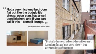 Harvey Residential, Estate Agent
Not a very nice one bedroom
flat but like the budgie it’s
cheap; open plan, has a well
used kitchen, and if you can
call it this – a small lounge.
“
”
 