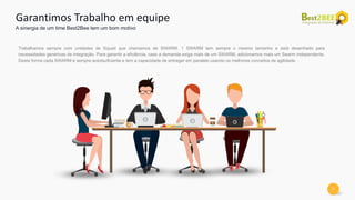 7
Garantimos Trabalho em equipe
A sinergia de um time Best2Bee tem um bom motivo
Trabalhamos sempre com unidades de Squad que chamamos de SWARM. 1 SWARM tem sempre o mesmo tamanho e está desenhado para
necessidades genéricas de integração. Para garantir a eficiência, caso a demanda exiga mais de um SWARM, adicionamos mais um Swarm independente.
Desta forma cada SWARM é sempre autotsuficiente e tem a capacidade de entregar em paralelo usando os melhores conceitos de agilidade.
 