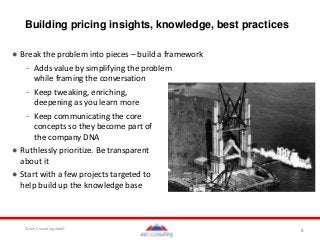 8© een Consulting GmbH
Building pricing insights, knowledge, best practices
● Break the problem into pieces – build a framework
- Adds value by simplifying the problem
while framing the conversation
- Keep tweaking, enriching,
deepening as you learn more
- Keep communicating the core
concepts so they become part of
the company DNA
● Ruthlessly prioritize. Be transparent
about it
● Start with a few projects targeted to
help build up the knowledge base
 