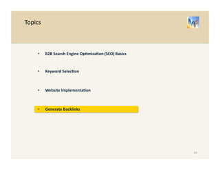 B2B 
Search 
Engine 
Op/miza/on 
– 
Keyword 
Implementa/on 
Example 
for 
top 
search 
result 
for 
<Document 
Management 
Services> 
14 
Keyword 
Selec.on 
Website 
Implementa.on 
Generate 
Backlinks 
Search 
Term: 
<Document 
Management 
Services> 
h4 
h4 
TITLE: 
Document 
Management 
Solu/ons, 
Document 
Management 
Services, 
Document 
Imaging 
Services 
– 
Iron 
Mountain 
DESCRIPTION: 
Looking 
for 
Document 
Management 
Solu/ons? 
At 
Iron 
Mountain, 
we 
specialize 
in 
Document 
Management 
Services. 
Check 
out 
our 
Document 
Imaging 
Services!” 
ALT 
TAG: 
8 
Reasons 
to 
Outsource 
Document 
Management 
h1 
 