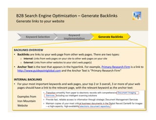 Topics 
15 
• B2B 
Search 
Engine 
Op.miza.on 
(SEO) 
Basics 
• Keyword 
Selec.on 
• Website 
Implementa.on 
• Generate 
Backlinks 
 