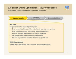 B2B 
Search 
Engine 
Op/miza/on 
– 
Keyword 
Selec/on 
Spend 
/me 
where 
it 
counts, 
focusing 
first 
on 
keywords 
most 
closely 
associated 
with 
prospects 
later 
in 
the 
purchase 
cycle 
Keyword 
Selec.on 
Consider 
what 
poten/al 
prospects 
will 
be 
seeking 
to 
find 
at 
different 
stages 
of 
the 
purchase 
cycle, 
focusing 
on 
the 
latest 
stages 
first 
– 
i.e. 
those 
more 
likely 
to 
purchase 
sooner. 
Purchase 
Stages 
and 
Keywords 
-­‐ 
Marke/ng 
Automa/on 
SoRware 
Website 
Example 
• Early 
Stage 
– 
Problem 
Solving: 
What 
Keywords 
used 
when 
trying 
to 
solve 
a 
problem? 
E.g. 
“B2B 
Lead 
genera/on 
tac/cs 
and 
tools” 
• Middle 
Stage 
– 
Solu.on 
Iden.fica.on: 
What 
keywords 
are 
used 
when 
narrowing 
down 
poten/al 
solu/on 
categories? 
E.g. 
“B2B 
Email 
Marke/ng 
Best 
Prac/ces” 
• Late 
Stage 
– 
Advanced 
Solu.on 
Iden.fica.on: 
What 
keywords 
are 
used 
when 
trying 
to 
find 
“known 
solu/ons 
to 
the 
known 
problem” 
E.g. 
“Marke/ng 
Automa/on 
SoRware 
Comparisons”, 
“Lead 
Nurturing 
SoRware” 
6 
Keyword 
Selec.on 
Website 
Implementa.on 
Generate 
Backlinks 
 