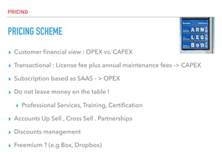 PRICING
PRICING SCHEME
▸ Customer ﬁnancial view : OPEX vs. CAPEX
▸ Transactional : License fee plus annual maintenance fees -> CAPEX
▸ Subscription based as SAAS - > OPEX
▸ Do not leave money on the table !
▸ Professional Services, Training, Certiﬁcation
▸ Accounts Up Sell , Cross Sell . Partnerships
▸ Discounts management
▸ Freemium ? (e.g Box, Dropbox)
 