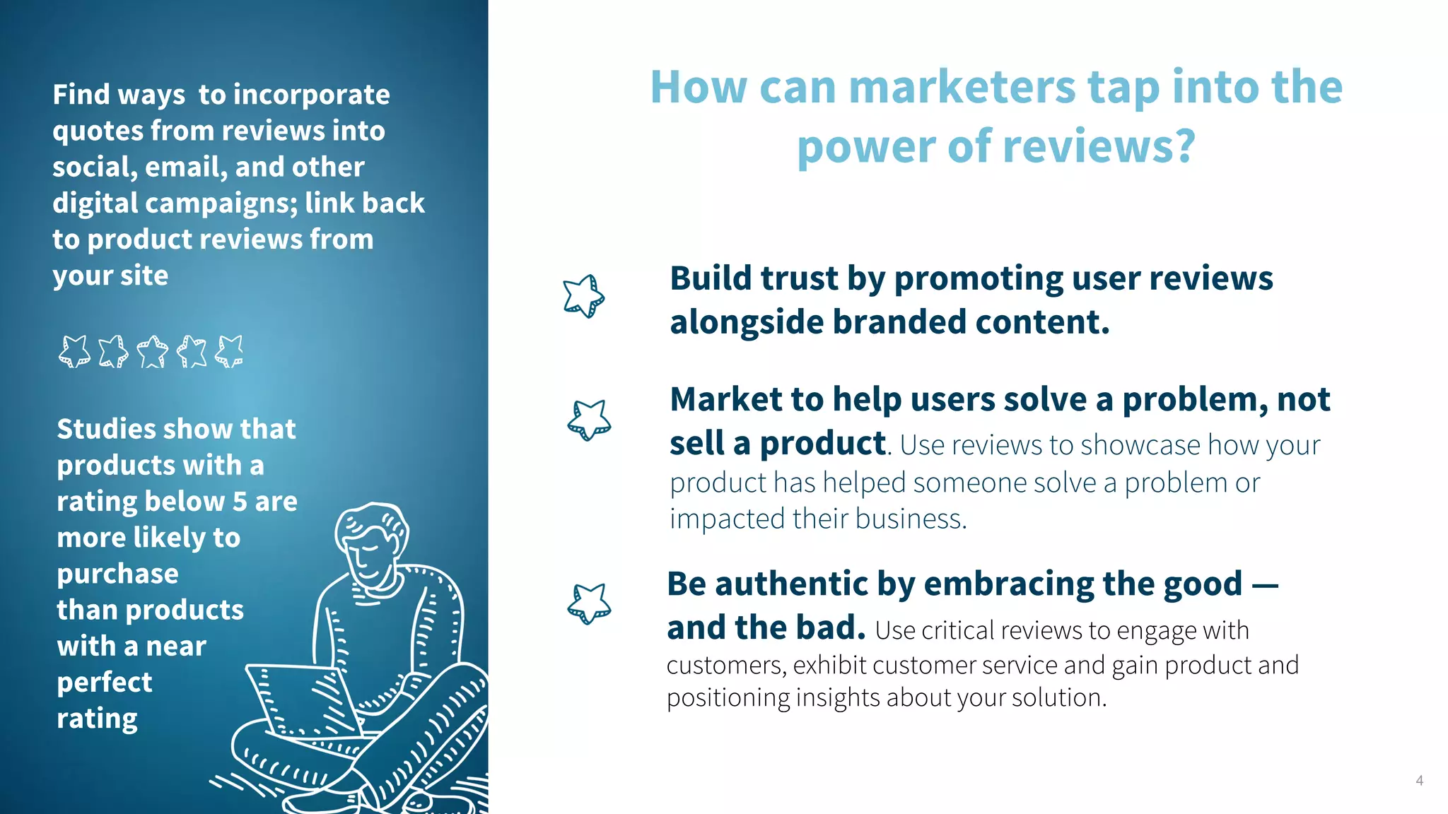 4
How can marketers tap into the
power of reviews?
Find ways to incorporate
quotes from reviews into
social, email, and other
digital campaigns; link back
to product reviews from
your site Build trust by promoting user reviews
alongside branded content.
Market to help users solve a problem, not
sell a product. Use reviews to showcase how your
product has helped someone solve a problem or
impacted their business.
Be authentic by embracing the good —
and the bad. Use critical reviews to engage with
customers, exhibit customer service and gain product and
positioning insights about your solution.
Studies show that
products with a
rating below 5 are
more likely to
purchase
than products
with a near
perfect
rating
 