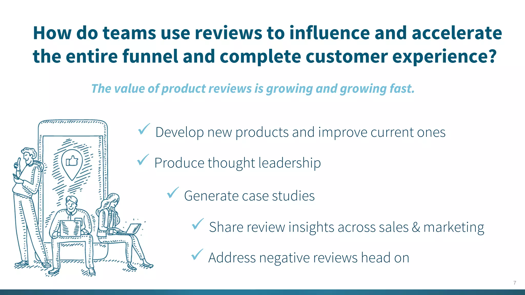 7
How do teams use reviews to influence and accelerate
the entire funnel and complete customer experience?
The value of product reviews is growing and growing fast.
ü Produce thought leadership
ü Generate case studies
ü Develop new products and improve current ones
ü Address negative reviews head on
ü Share review insights across sales & marketing
 