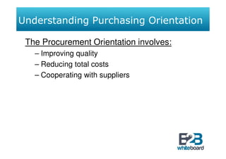 Understanding Purchasing Orientation

 The Procurement Orientation involves:
   – Improving quality
   – Reducing total costs
   – Cooperating with suppliers
 