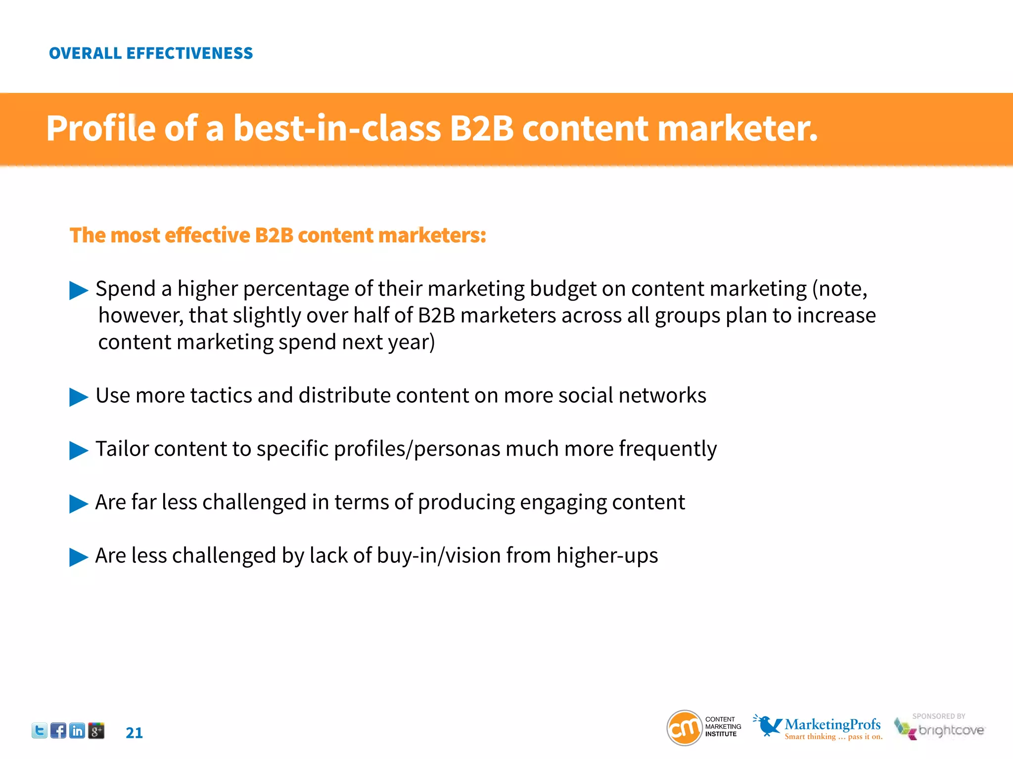21
SponSored by
Profile of a best-in-class B2B content marketer.
The most effective B2B content marketers:
 Spend a higher percentage of their marketing budget on content marketing (note,
	 however, that slightly over half of B2B marketers across all groups plan to increase
	 content marketing spend next year)
 Use more tactics and distribute content on more social networks
 Tailor content to specific profiles/personas much more frequently
 Are far less challenged in terms of producing engaging content
 Are less challenged by lack of buy-in/vision from higher-ups
 