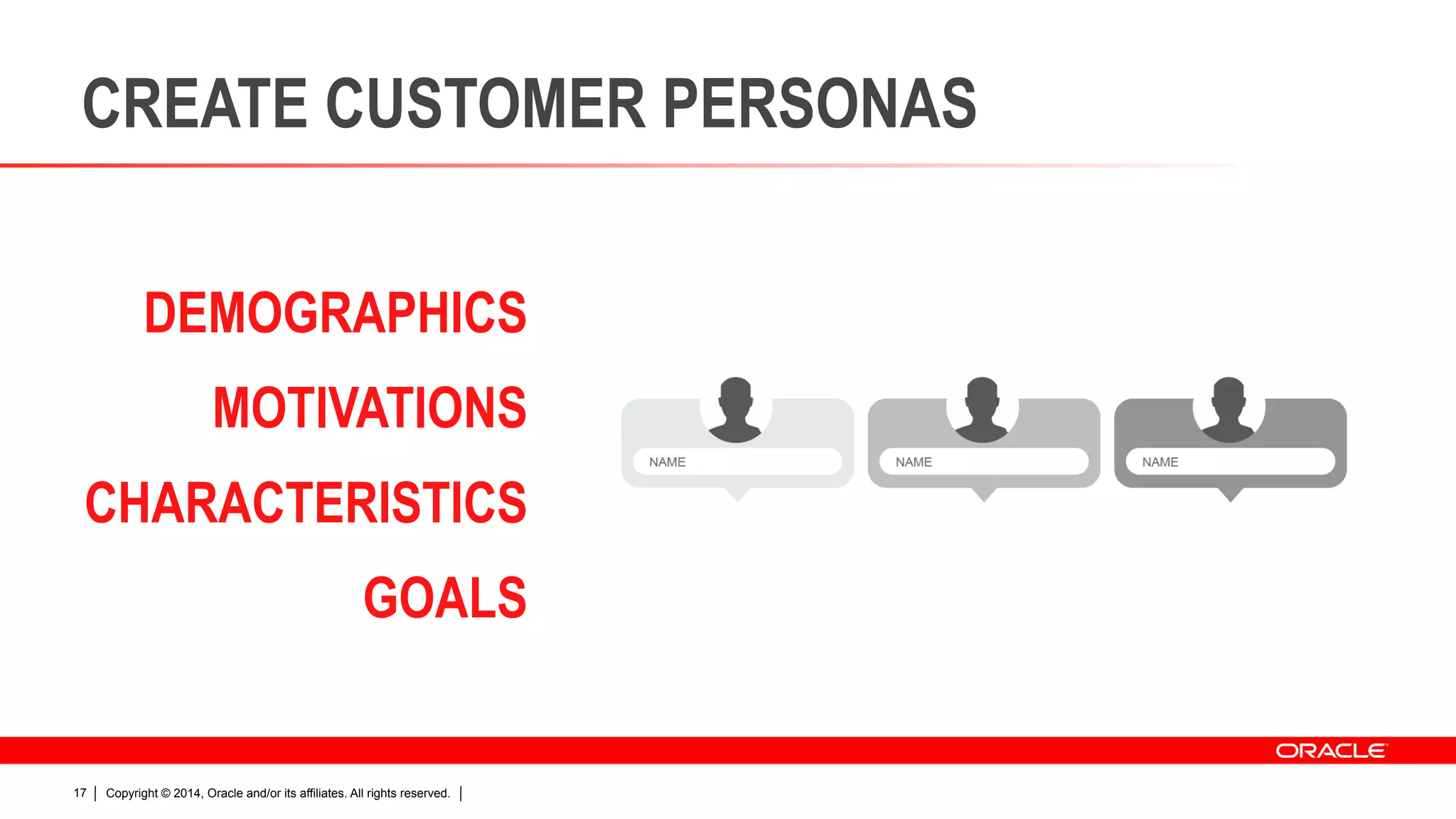 Copyright © 2014, Oracle and/or its affiliates. All rights reserved.17
CREATE CUSTOMER PERSONAS
DEMOGRAPHICS
MOTIVATIONS
CHARACTERISTICS
GOALS
 