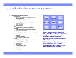 © Copyright Martin KosinSales and Marketing Growth Strategy
… a defined and managed sales process,…
 Centralized, automated, integrated management
– Pre Sales Support
• Resource allocation for meetings, RFPs, contract review,
solution development
• Tracking in-flight sales support activities and costs
• Resource Allocation
– Pipeline and Forecasting
• Pipeline progression and conversion ratio management
• Deal Progression, revenue forecasting by month
• Critical deal monitoring
• Quota management
• Revenue Reporting
– Mobility
• Integration of critical sales data into mobile devices
– Sales Assets
• Presentations, references, case studies, RFP responses,
Statements of Work, Contracts
– CRM
• Activity, contact, relationship, account, calendar opportunity,
pipeline tracking and management
– Leads and Campaigns
• Lead progression management from entry through disposition/
conversion
• Lead source management
• Email campaigns, shows, client visits
– Financials
• Integration with financial systems
• Invoices and revenue tracking for closed deals
• Consistent sales and finance revenue recognition across
customers, markets and segments
– Delivery
• Signed Contracts
• Status Reports
• Contract Profitability Tracking
• Client Project Participants
• Project Plans
– Proposal Generation
• Scheduling
• Document Management
CRM
Pre-Sales
Support
Pipeline and
Forecasting
Mobility
Financials Delivery
Proposal
Generation
Leads
Campaigns
Sales Assets
Sales, Pre-Sales Support, Operations,
Accounting, Delivery, Service and Executive
Management share a common view of
customers, pipeline and revenue
Maximum visibility to all about customer
interactions
All sales assets need to be in one place,
under one version control system.
Effective CRM is central to efficient and
effective management of growth
 