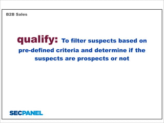 B2B Sales

qualify:

To filter suspects based on

pre-defined criteria and determine if the
suspects are prospects or not

 