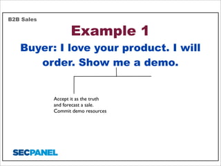 B2B Sales

Example 1

Buyer: I love your product. I will
order. Show me a demo.

Accept it as the truth
and forecast a sale.
Commit demo resources

 
