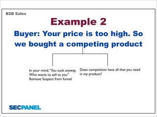 B2B Sales

Example 2

Buyer: Your price is too high. So
we bought a competing product

In your mind, “You suck anyway. Does competition have all that you need
in my product?
Who wants to sell to you”
Remove Suspect from funnel

 