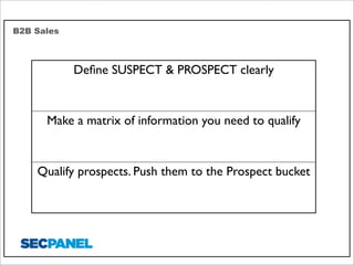 B2B Sales

Deﬁne SUSPECT & PROSPECT clearly

Make a matrix of information you need to qualify

Qualify prospects. Push them to the Prospect bucket

 