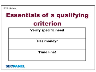 B2B Sales

Essentials of a qualifying
criterion
Verify speciﬁc need
Has money?
Time line?

 