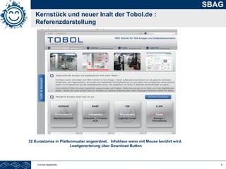 7
SBAG
Kernstück und neuer Inalt der Tobol.de :
Referenzdarstellung
Controls Masterfolie
32 Kurzstories in Plattenmuster angeordnet. Infoblase wenn mit Mouse berührt wird.
Leadgenerierung über Download Button
 