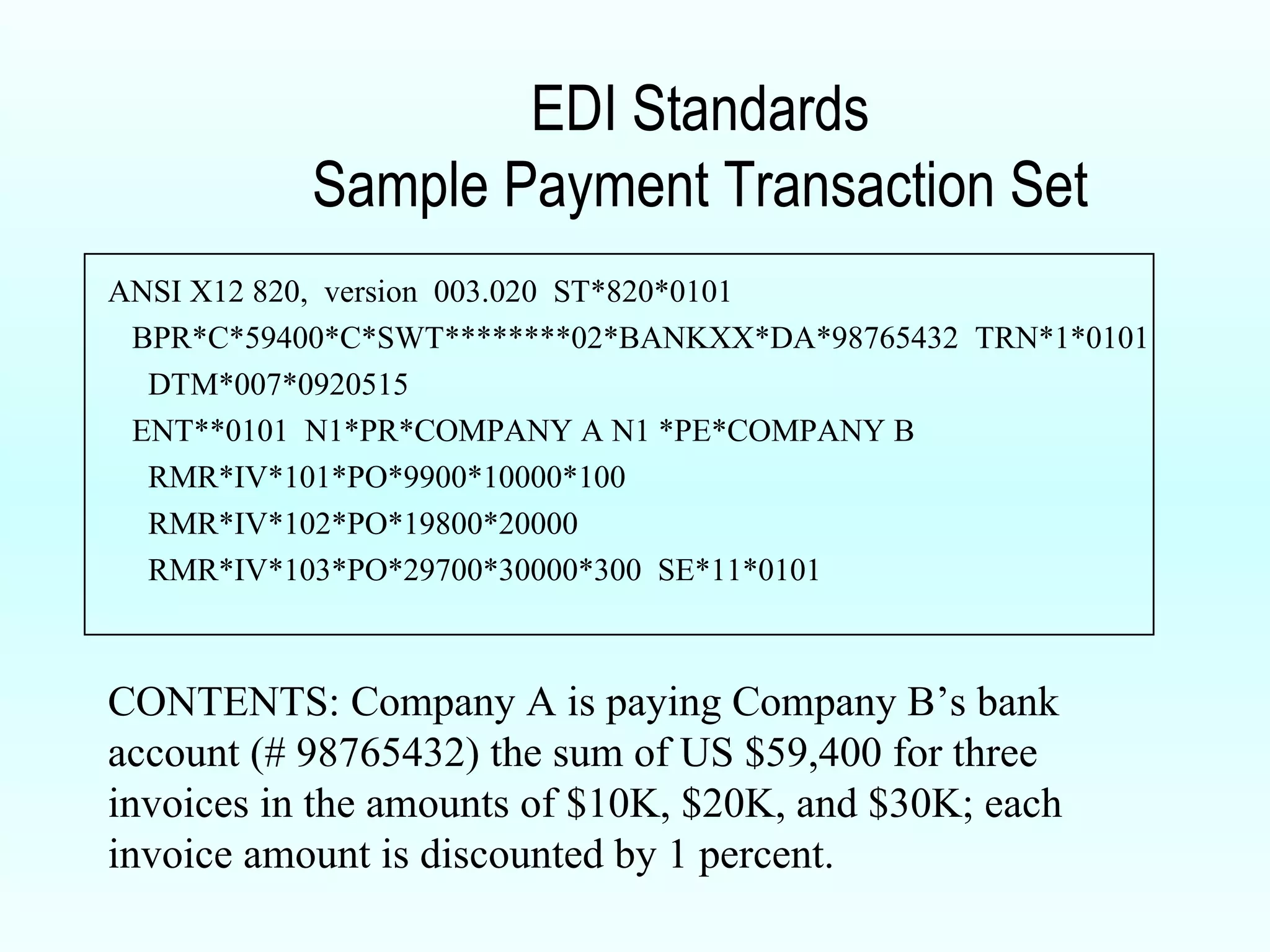 EDI Standards Sample Payment Transaction Set CONTENTS: Company A is paying Company B’s bank account (# 98765432) the sum of US $59,400 for three invoices in the amounts of $10K, $20K, and $30K; each invoice amount is discounted by 1 percent. ANSI X12 820,  version  003.020  ST*820*0101 BPR*C*59400*C*SWT********02*BANKXX*DA*98765432  TRN*1*0101 DTM*007*0920515 ENT**0101  N1*PR*COMPANY A N1 *PE*COMPANY B RMR*IV*101*PO*9900*10000*100 RMR*IV*102*PO*19800*20000 RMR*IV*103*PO*29700*30000*300  SE*11*0101 