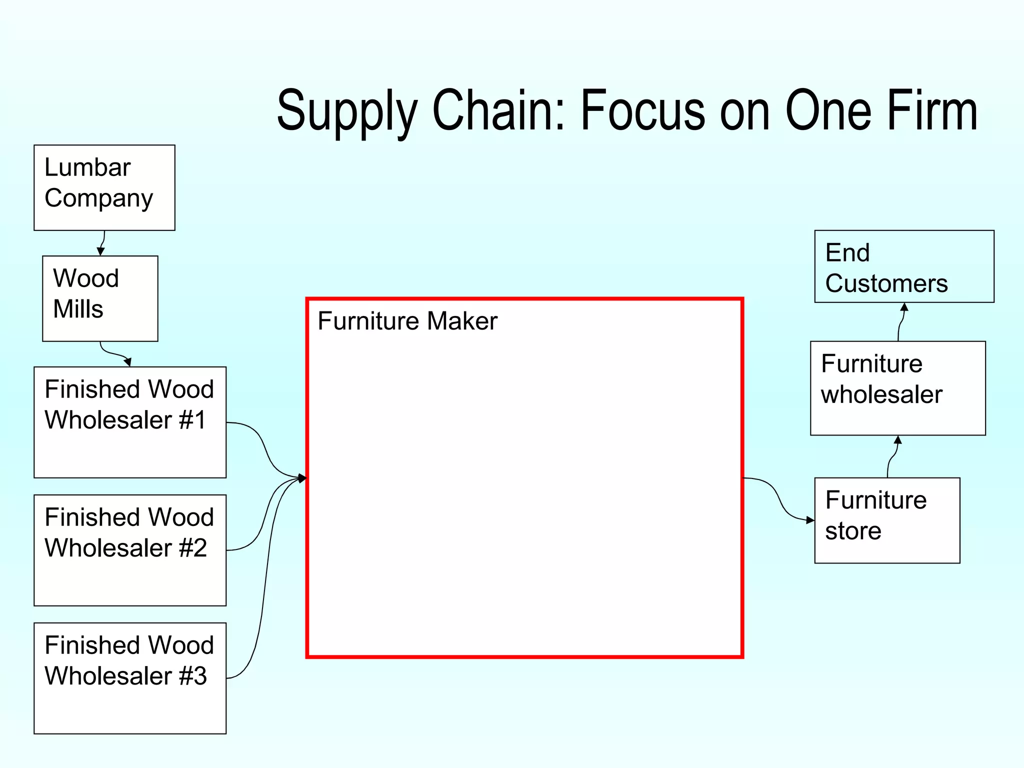 Supply Chain: Focus on One Firm Lumbar Company Wood Mills Finished Wood Wholesaler #1 Furniture Maker Furniture wholesaler Furniture store End Customers Finished Wood Wholesaler #3 Finished Wood Wholesaler #2 