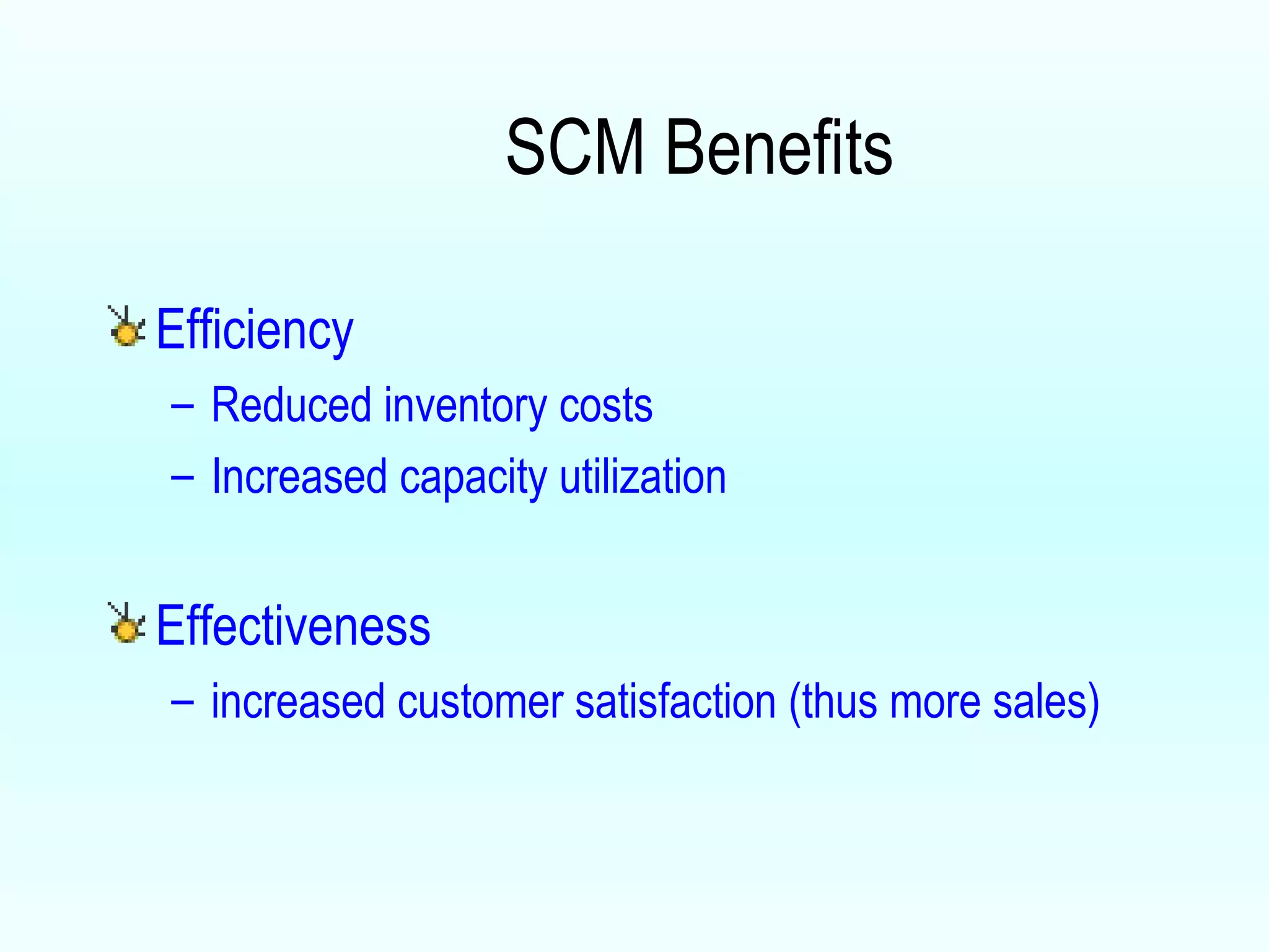 SCM Benefits Efficiency Reduced inventory costs Increased capacity utilization Effectiveness  increased customer satisfaction (thus more sales) 