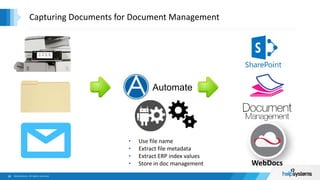 Automate
Capturing Documents for Document Management
• Use file name
• Extract file metadata
• Extract ERP index values
• Store in doc management WebDocs
 