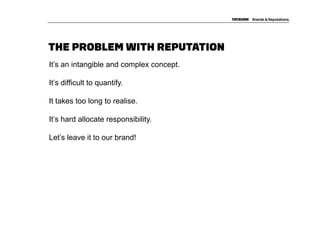 THE PROBLEM WITH REPUTATION
It’s an intangible and complex concept.

It’s difficult to quantify.

It takes too long to realise.

It’s hard allocate responsibility.

Let’s leave it to our brand!
 