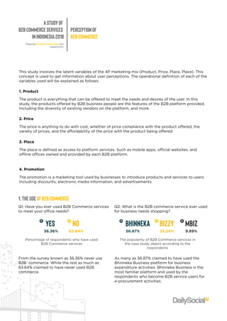 AStudyof
B2BCommerceServices
inIndonesia2018
Perceptionof
B2BCommerce
Mappingbusinesslandscapeand
opportunity
Thisstudyinvolvesthelatentvariablesofthe4Pmarketingmix(Product,Price,Place,Place).This
conceptisusedtogetinformationaboutuserperceptions.Theoperationaldefinitionofeachofthe
variablesusedwillbeexplainedasfollows:
Theproductiseverythingthatcanbeofferedtomeettheneedsanddesiresoftheuser.Inthis
study,theproductsofferedbyB2BbusinesspeoplearethefeaturesoftheB2Bplatform provided.
Includingthediversityofexistingvendorsontheplatform,andmore.
1.Product
Thepriceisanythingtodowithcost,whetherofpricecompliancewiththeproductoffered,the
varietyofprices,andtheaffordabilityofthepricewiththeproductbeingoffered.
2.Price
Theplaceisdefinedasaccesstoplatform services.Suchasmobileapps,officialwebsites,and
offlineofficesownedandprovidedbyeachB2Bplatform.
Q1:HaveyoueverusedB2BCommerceservices
tomeetyourofficeneeds?
3.Place
Thepromotionisamarketingtoolusedbybusinessestointroduceproductsandservicestousers.
Includingdiscounts,electronicmediainformation,andadvertisements.
From thesurveyknownas36.36%neveruse
B2B commerce.Whiletherestasmuchas
63.64%claimedtohaveneverusedB2B
commerce.
4.Promotion
1.TheUseofB2BCommerce
36.36%
Yes
63.64%
No
Percentageofrespondentswhohaveused
B2BCommerceservices
Q2:WhatistheB2Bcommerceserviceeverused
forbusinessneedsshopping?
Asmanyas56.87%claimedtohaveusedthe
BhinnekaBusinessplatform forbusiness
expenditureactivities.BhinnekaBusinessisthe
mostfamiliarplatform andusedbythe
respondentswhobecomeB2Bserviceusersfor
e-procurementactivities.
56.87%
bhinneka
33.24%
bizzy
9.89%
mbiz
ThepopularityofB2BCommerceservicesin
thecasestudyobjectaccordingtothe
respondents
 